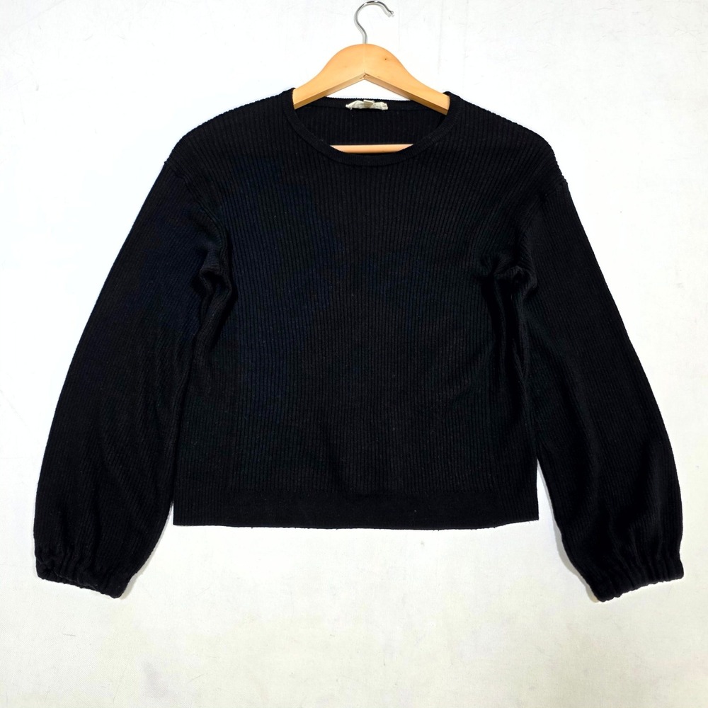 Splendid Ribbed Knit Sweater Womens Small Black Crew Neck Balloon Sleeve Top